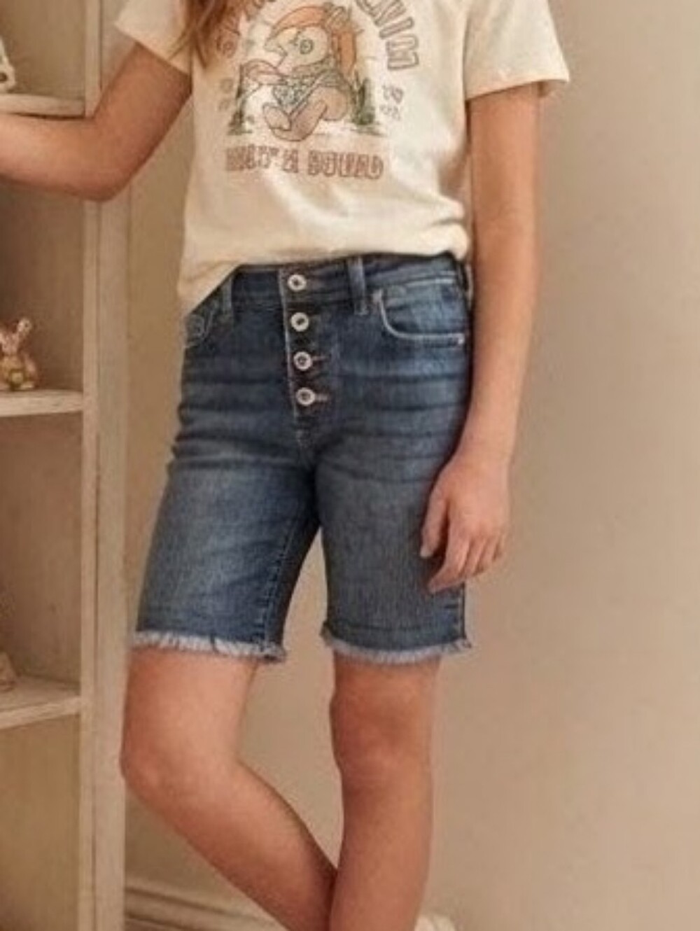 Kids Midi/Mi-Long Button-Fly Frayed Hem Denim Bermuda Shorts Sz 10 Adjtble Waist